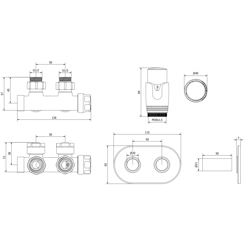 Mexen G00 termostatinis kampinis rinkinys su plokštele R, Duplex, DN50, juodas - W907-900-905-70