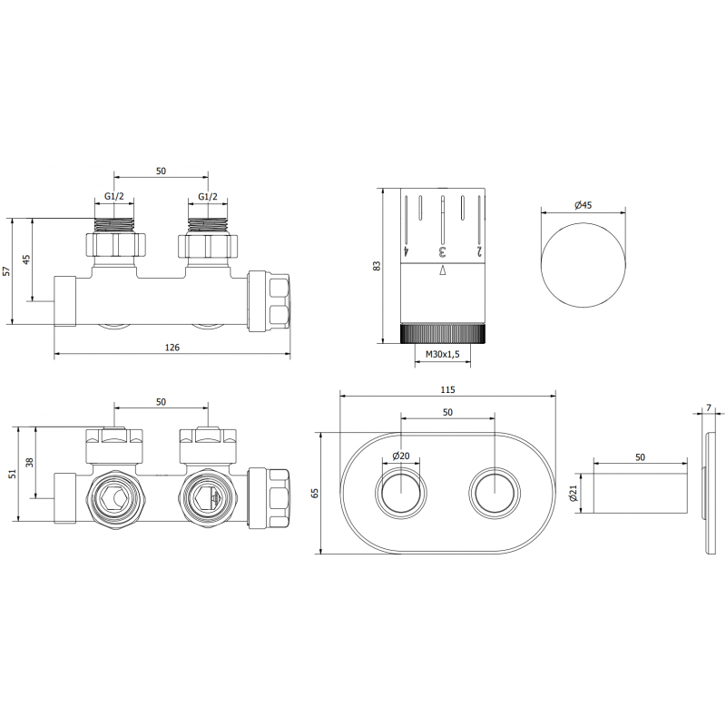 Mexen G05 termostatinis kampinis rinkinys su dangteliu R, Duplex, DN50, baltas - W907-958-905-20