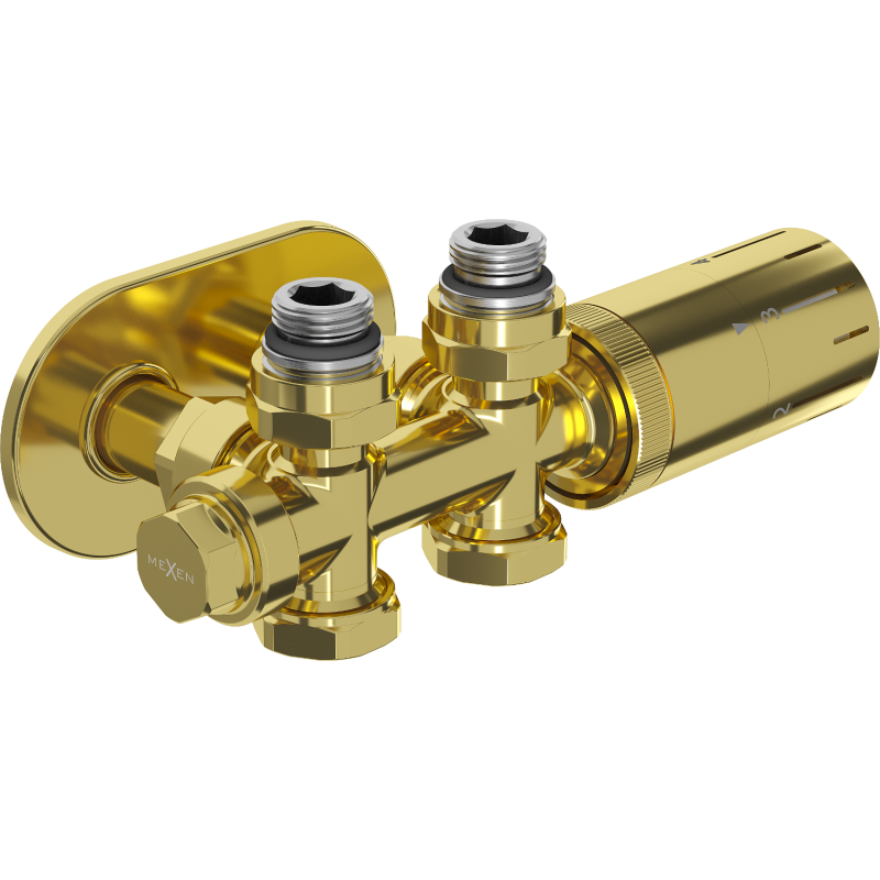 Mexen G05 termostatinio vožtuvo kampinis/tiesus rinkinys su maskuotuvu, Duplex, DN50, auksinis - W908-958-905-50