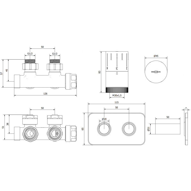 Mexen G05 kampinis termostatinis rinkinys su maskuote S, Duplex, DN50, juodas - W907-958-910-70