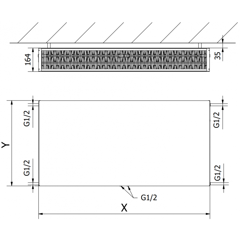 Mexen CCF33 Plokščias radiatorių plokštė 300 x 1300 mm, apatinis centrinis sujungimas, 1612 W, antracitas
