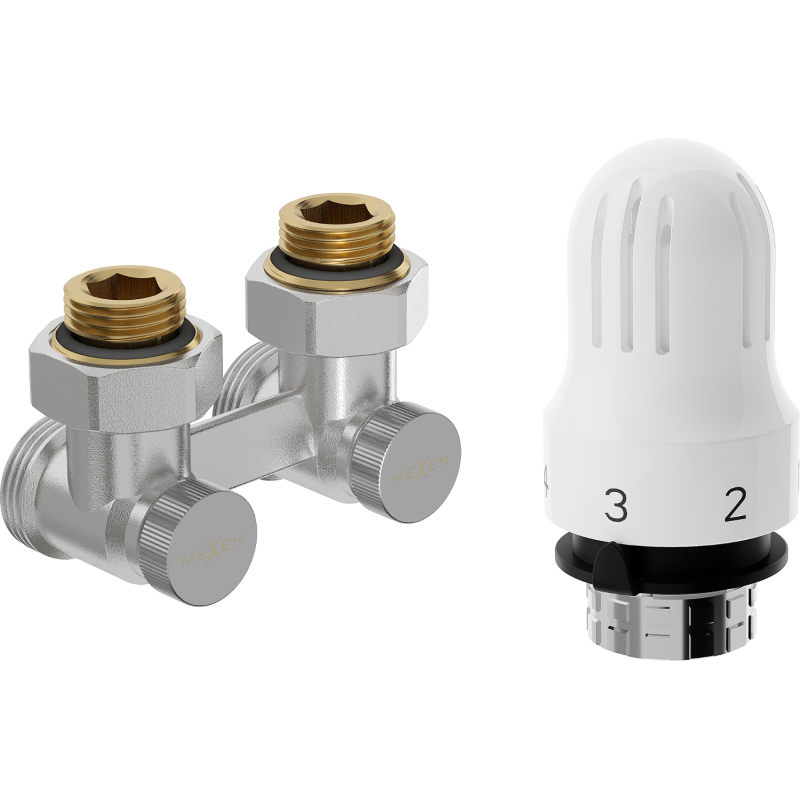 Mexen G04 termostatinės radiatoriaus dvivamzdės jungtys DN50, kampiškos 1/2"x3/4", nikeliuotos - W911-012-948-01