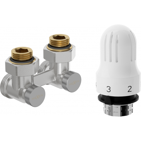 Mexen G04 termostatinės radiatoriaus dvivamzdės jungtys DN50, kampiškos 1/2"x3/4", nikeliuotos - W911-012-948-01