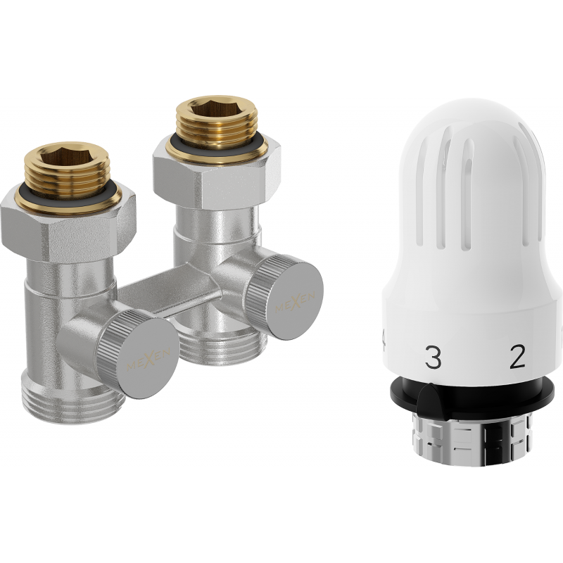 Mexen G04 termostatinės vožtuvų rinkinys dviem vamzdžiams DN50, tiesus 1/2"x3/4", nikelis - W912-012-948-01