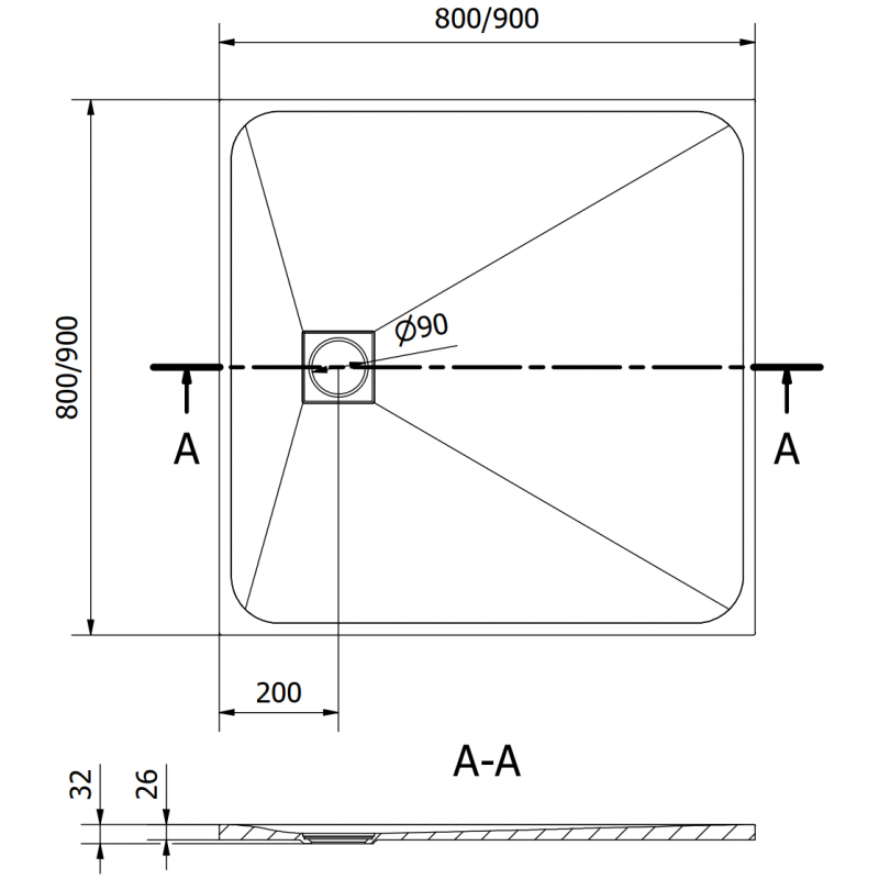 Mexen Bert kvadratinis padėklas SMC 90 x 90 cm, juodas - 4K709090