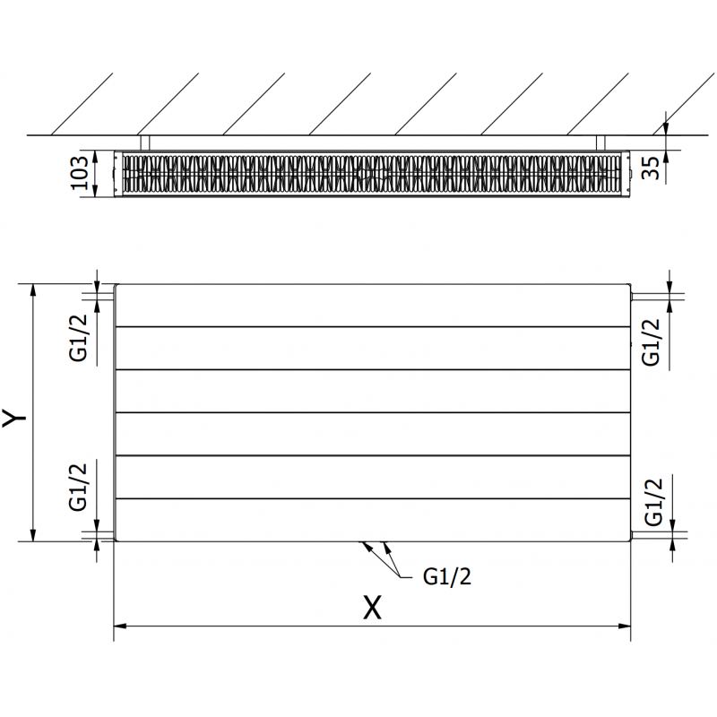 Mexen Line CCL22 plokštelinis radiatorius 400 x 1400 mm, apatinis centrinis prijungimas, 1593 W, juodas - W6C22L-040-140-70