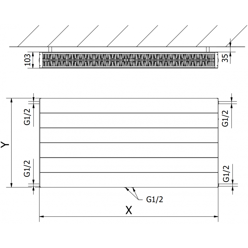 Mexen Line CCL22 plokščias radiatorius 400 x 1500 mm, apatinis centrinis prijungimas, 1707 W, juodas - W6C22L-040-150-70