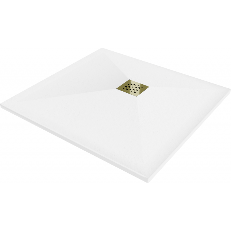 Mexen Stone+ kvadratinė kompozitinė dušo padėklas 90 x 90 cm, baltas, auksinis dangtelis - 44109090-G