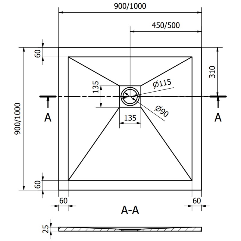 Mexen Stone+ kompozitinis kvadratinis dušo padėklas 90 x 90 cm, baltas, auksinė danga - 44109090-G