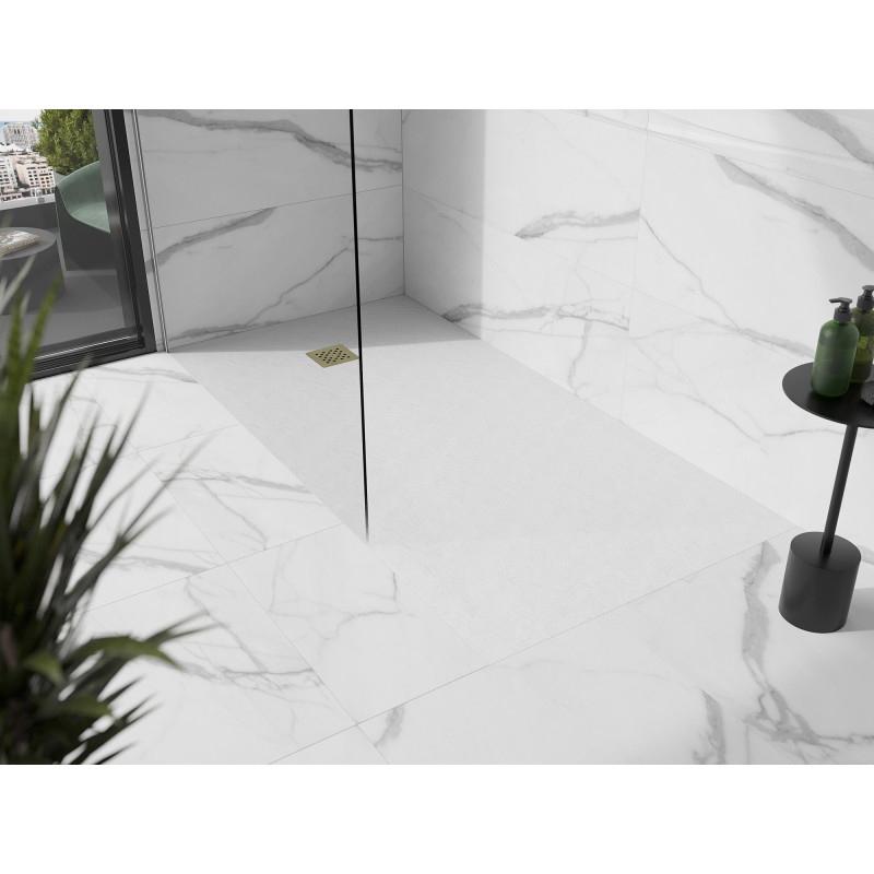 Mexen Stone+ stačiakampis kompozitinis dušo padėklas 200 x 80 cm, baltas, auksinė uždanga - 44108020-G