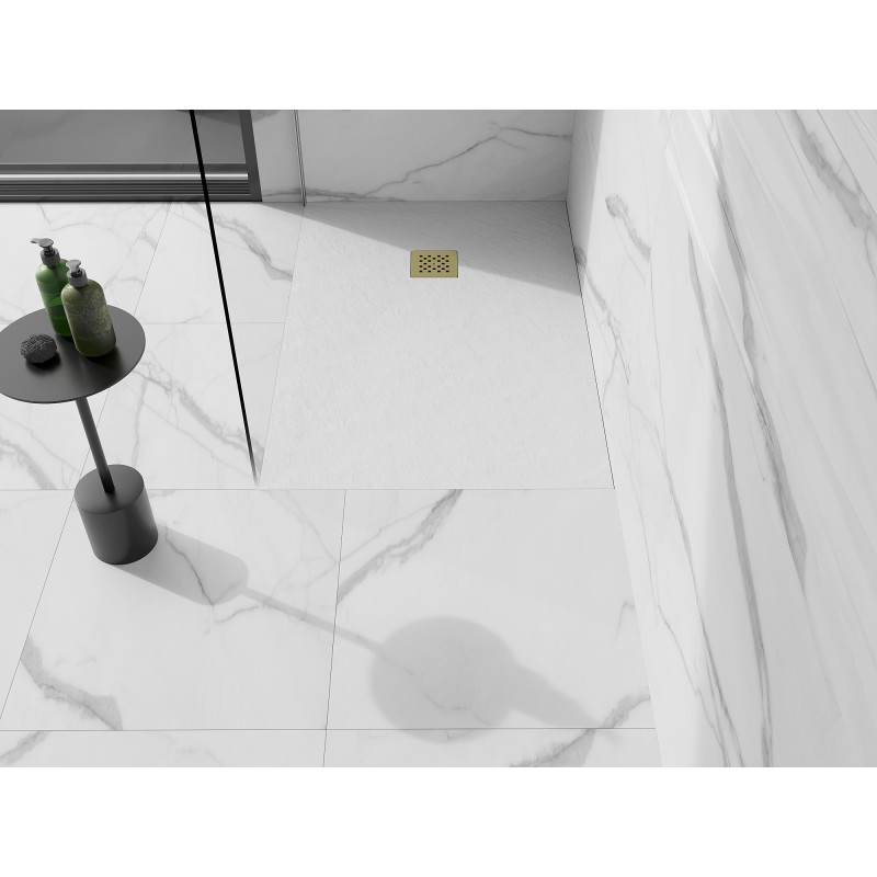 Mexen Stone+ stačiakampio formos kompozitinė dušo padėklas 110 x 70 cm, baltas, aukso spalvos dangtelis - 44107011-G