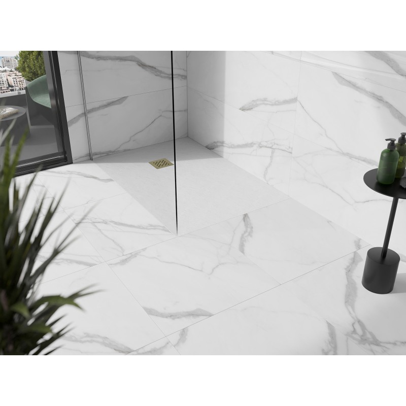 Mexen Stone+ stačiakampis kompozitinis dušo padėklas 100 x 70 cm, baltas, auksinė danga - 44107010-G