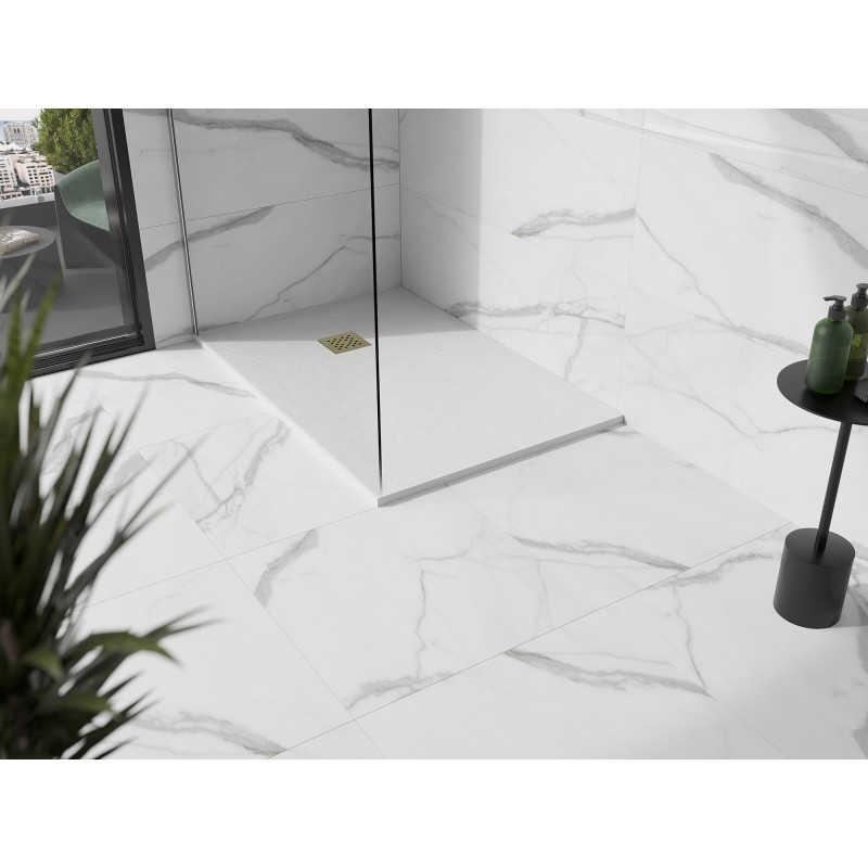 Mexen Stone+ stačiakampis kompozitinis dušo padėklas 100 x 70 cm, baltas, auksinė danga - 44107010-G