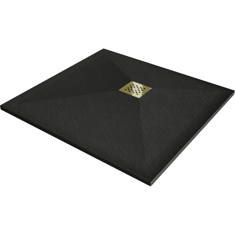 Mexen Stone+ kvadratinis kompozitinis dušo padėklas 70 x 70 cm, juodas, aukso spalvos dangtelis - 44707070-G
