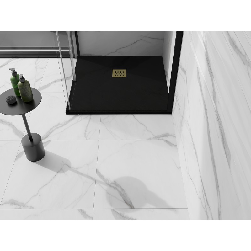 Mexen Stone+ 90 x 90 cm kvadratinis kompozitinis dušo padėklas, juodas, auksinė danga - 44709090-G