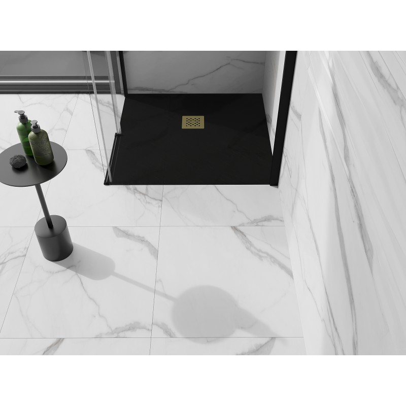 Mexen Stone+ 90 x 90 cm kvadratinis kompozitinis dušo padėklas, juodas, auksinė danga - 44709090-G