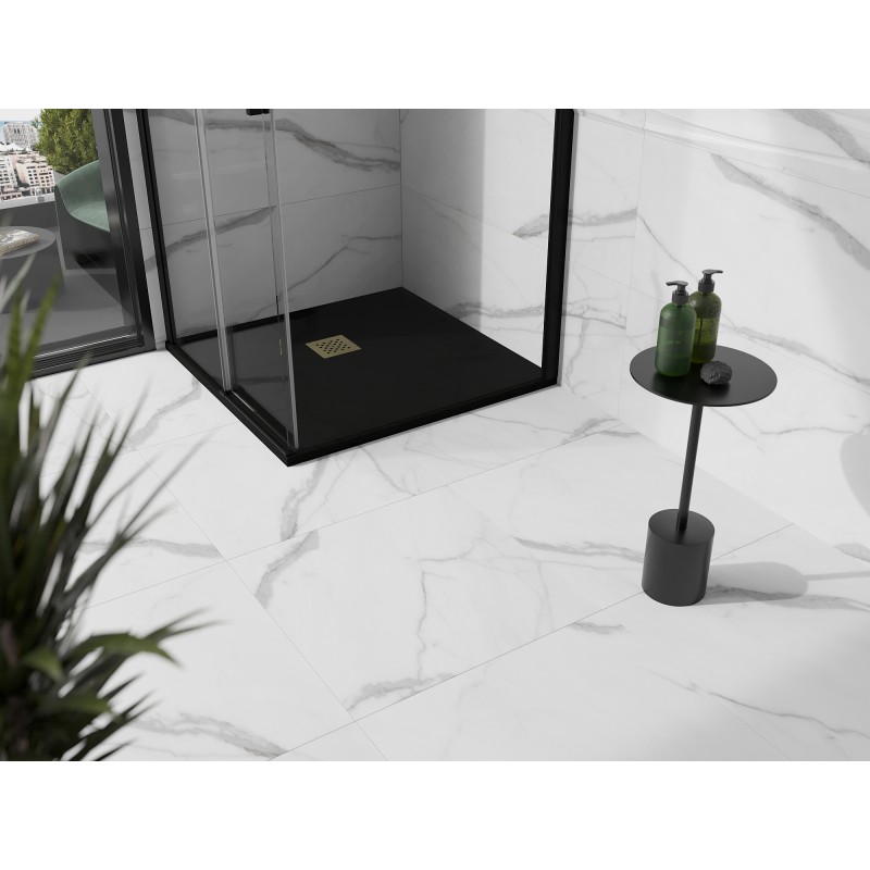 Mexen Stone+ 90 x 90 cm kvadratinis kompozitinis dušo padėklas, juodas, auksinė danga - 44709090-G