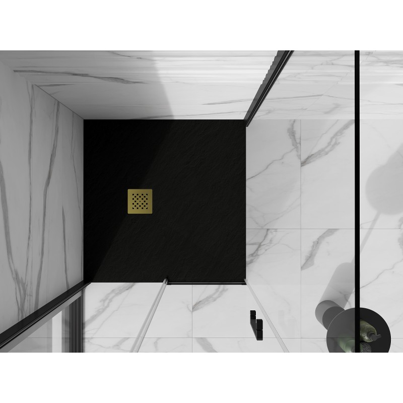 Mexen Stone+ 90 x 90 cm kvadratinis kompozitinis dušo padėklas, juodas, auksinė danga - 44709090-G