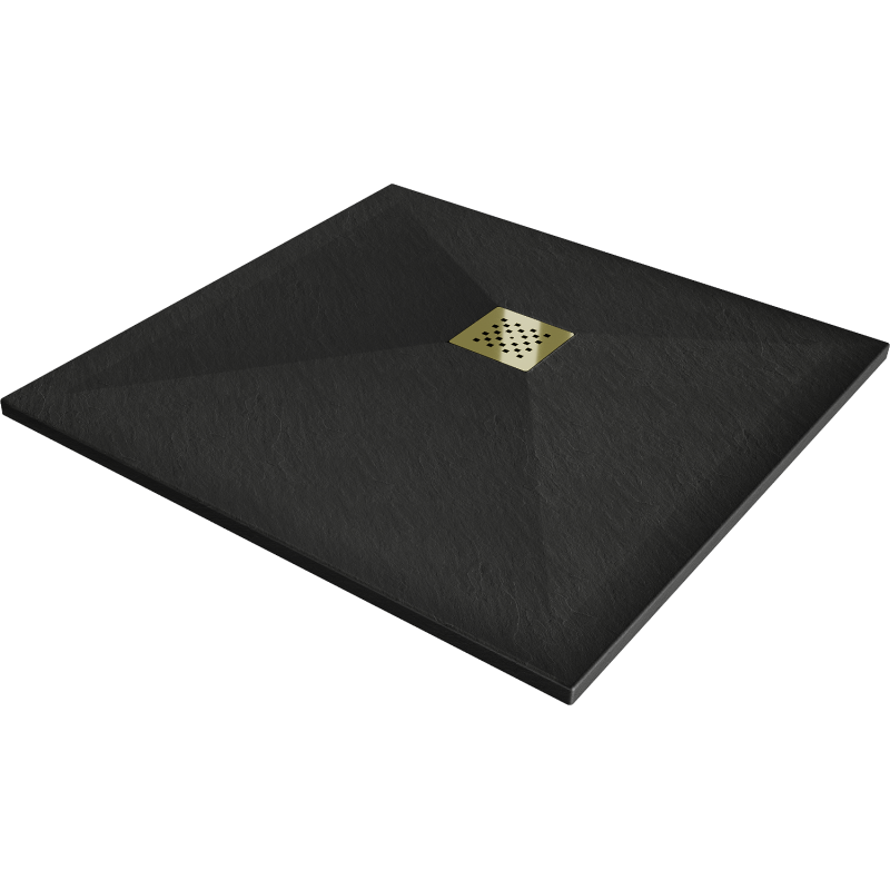 Mexen Stone+ 90 x 90 cm kvadratinis kompozitinis dušo padėklas, juodas, auksinė danga - 44709090-G