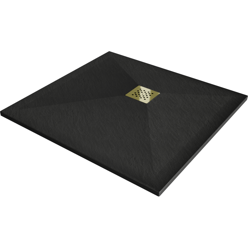Mexen Stone+ kompozitinis dušo padėklas kvadratinis 100 x 100 cm, juodas, su aukso spalvos dangteliu - 44701010-G 