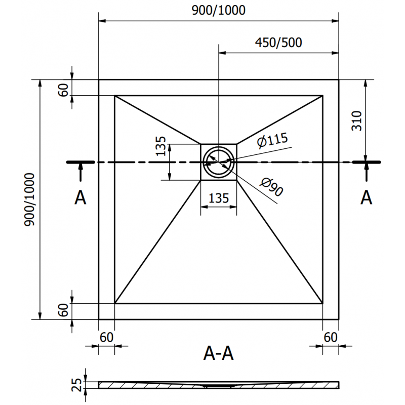 Mexen Stone+ 90 x 90 cm kvadratinis kompozitinis dušo padėklas, juodas, auksinė danga - 44709090-G