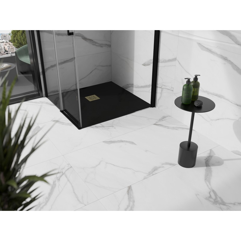 Mexen Stone+ 90 x 90 cm kvadratinis kompozitinis dušo padėklas, juodas, auksinė danga - 44709090-G