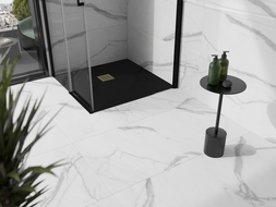 Mexen Stone+ kvadratinis kompozitinis dušo padėklas 100 x 100 cm, juodas, su aukso spalvos dangteliu - 44701010-G