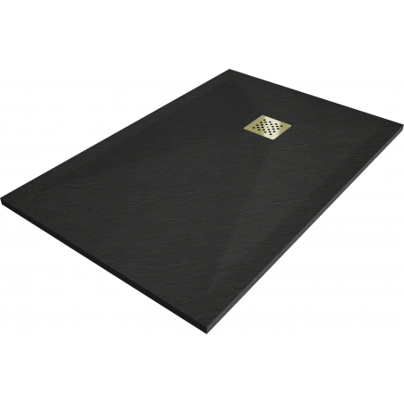 Mexen Stone+ kvadratinis kompozitinis dušas 130 x 90 cm, juodas, auksinė grotelė - 44709013-G