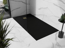 Mexen Stone+ stačiakampis kompozitinis dušo padėklas 160 x 80 cm, juodas, auksinė danga - 44708016-G