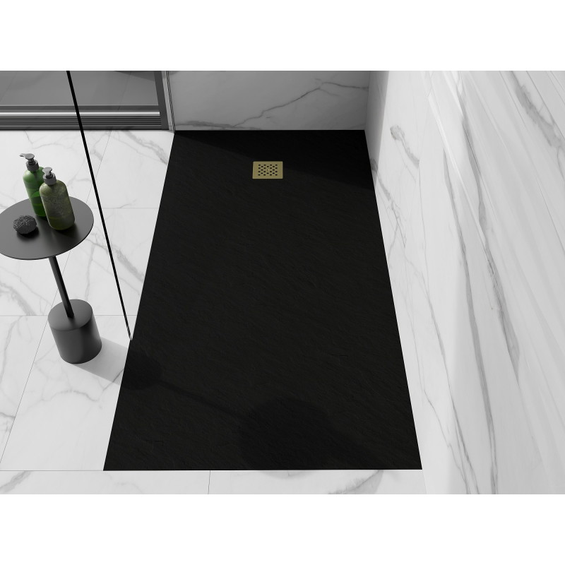 Mexen Stone+ stačiakampis kompozitinis dušo padėklas 160 x 100 cm, juodas, auksinė dangtelė - 44701016-G