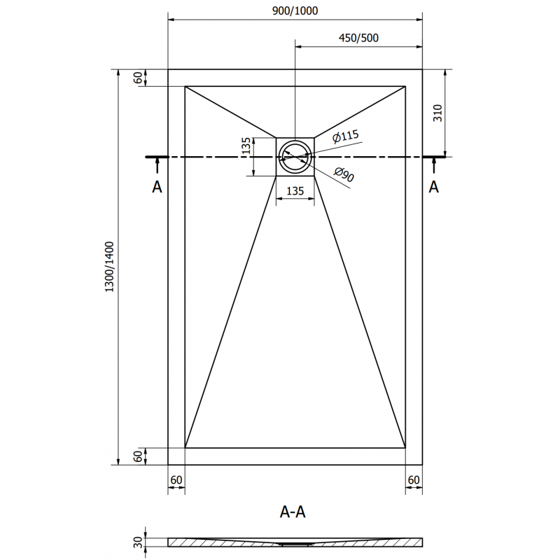 Mexen Stone+ stačiakampis kompozitinis padėklas 130 x 90 cm, juodas, juoda dangtelis - 44709013-B