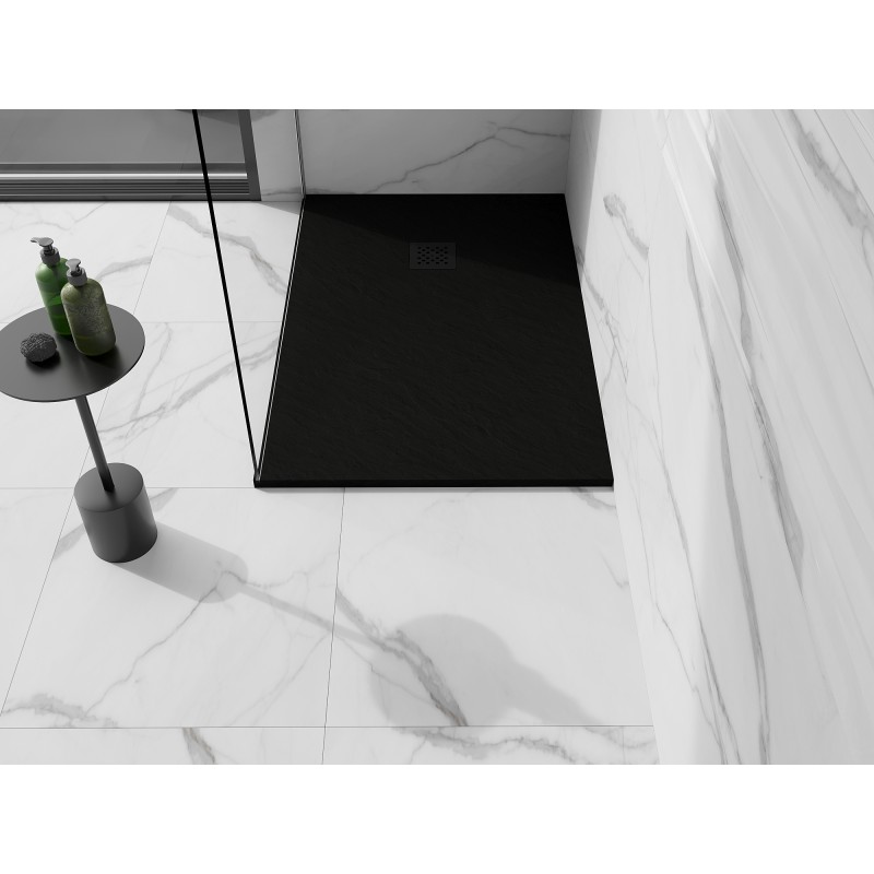 Mexen Stone+ stačiakampė kompozitinė dušo kabina 140 x 80 cm, juoda, juoda danga - 44708014-B