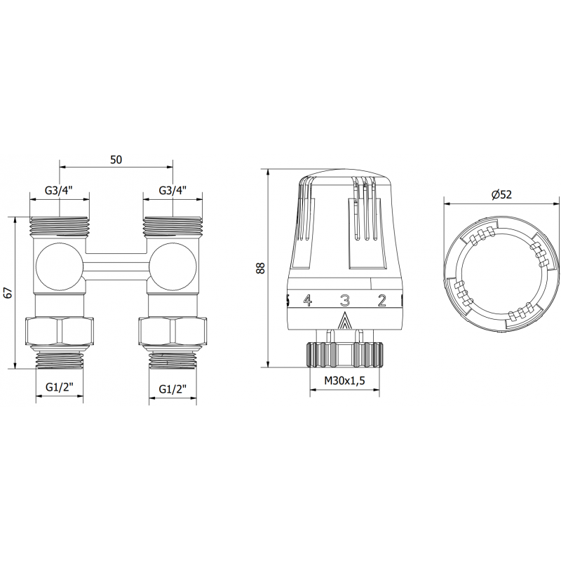Mexen G01 dviejų vamzdžių termostatinis rinkinys DN50, tiesus 1/2"x3/4", nikelis - W912-012-918-01