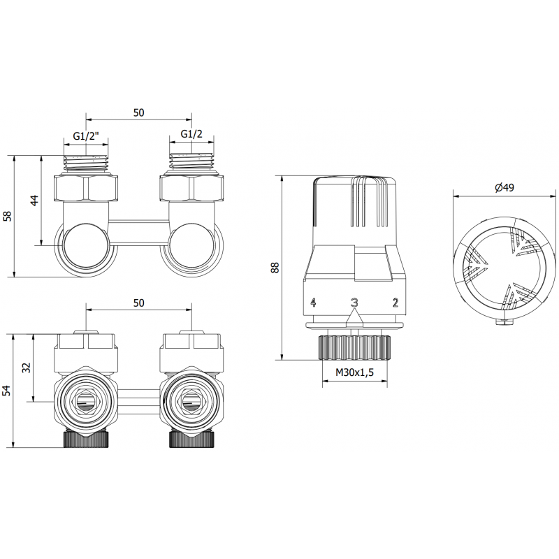Mexen G02 dviejų vamzdžių termostatinis rinkinys DN50, kampinis 1/2"x16 mm, nikeliuotas - W911-016-928-01