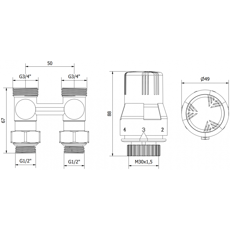 Mexen G02 dviejų vamzdžių DN50 termostatinis komplektas, tiesus, 1/2"x3/4", nikelis - W912-012-928-01