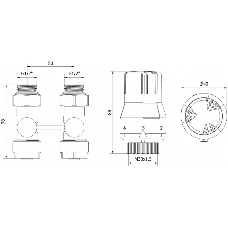 Mexen G02 dviejų vamzdžių DN50 termostatinis komplektas, tiesus 1/2"x16 mm, nikelis - W912-016-928-01