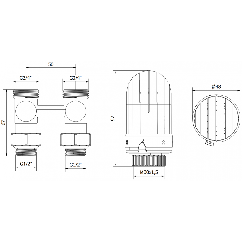 Mexen G03 dviejų vamzdžių termostatinis komplektas DN50, kampinis 1/2"x16 mm, nikelis - W911-016-938-01