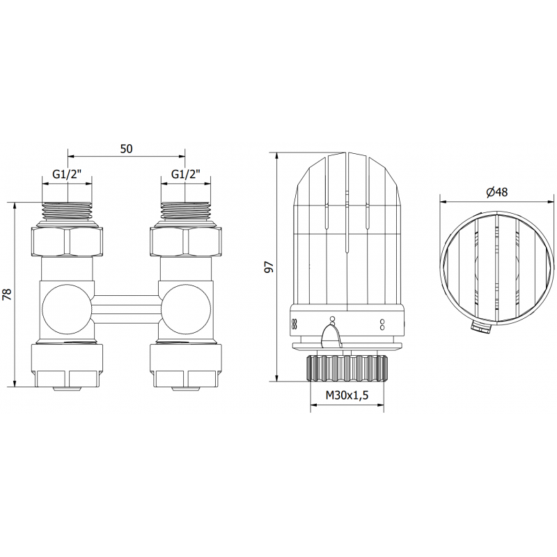 Mexen G03 termostatinis dviejų vamzdžių DN50 komplektas, tiesus 1/2"x16 mm, nikelis - W912-016-938-01