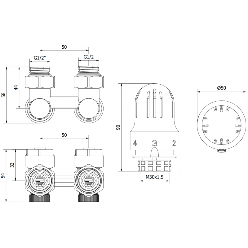 Mexen G04 dviejų vamzdelių DN50, kampinis 1/2"x16 mm, nikelio - W911-016-948-01 termostatinis komplektas