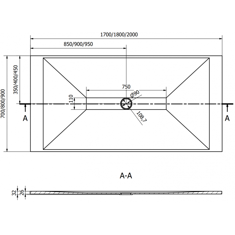 Mexen Toro stačiakampio formos dušo padėklas SMC 200 x 70 cm, baltas, juodas dangtelis - 43107020-B