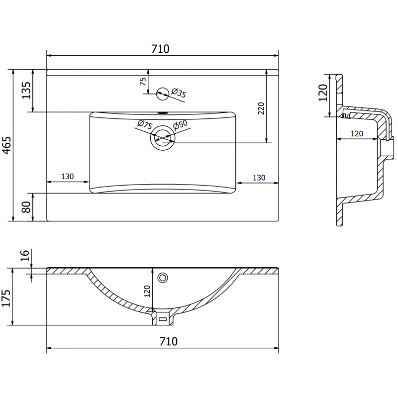 Mexen Atena įleidžiama į stalviršį praustuvas 71 x 46 cm, baltas - 25017000