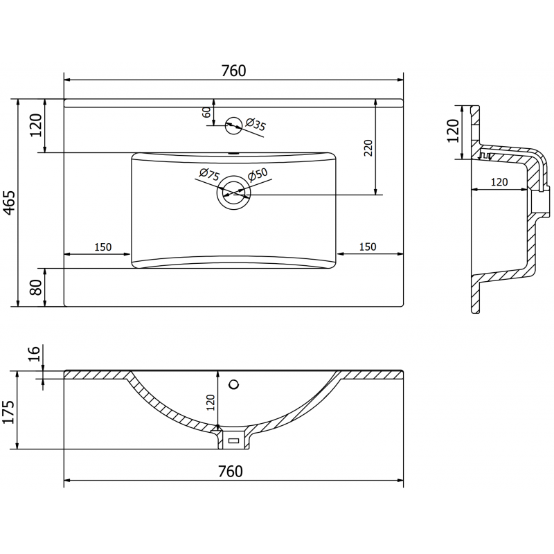 Mexen Atena įleidžiamas praustuvas į stalviršį 76 x 46 cm, baltas - 25017500