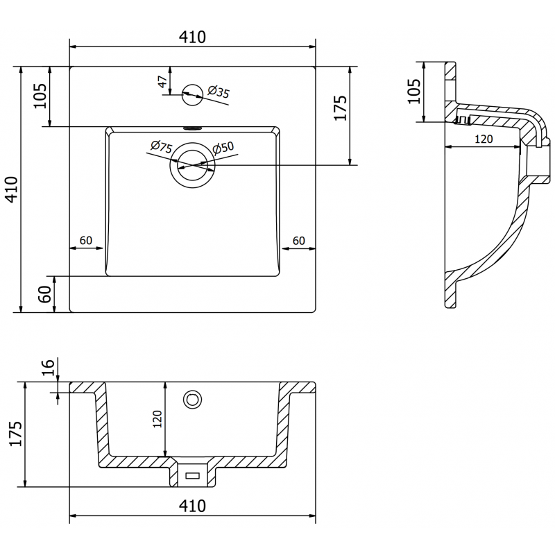 Mexen Atena įmontuojamas praustuvas 41 x 41 cm, juodas matinis - 25014170