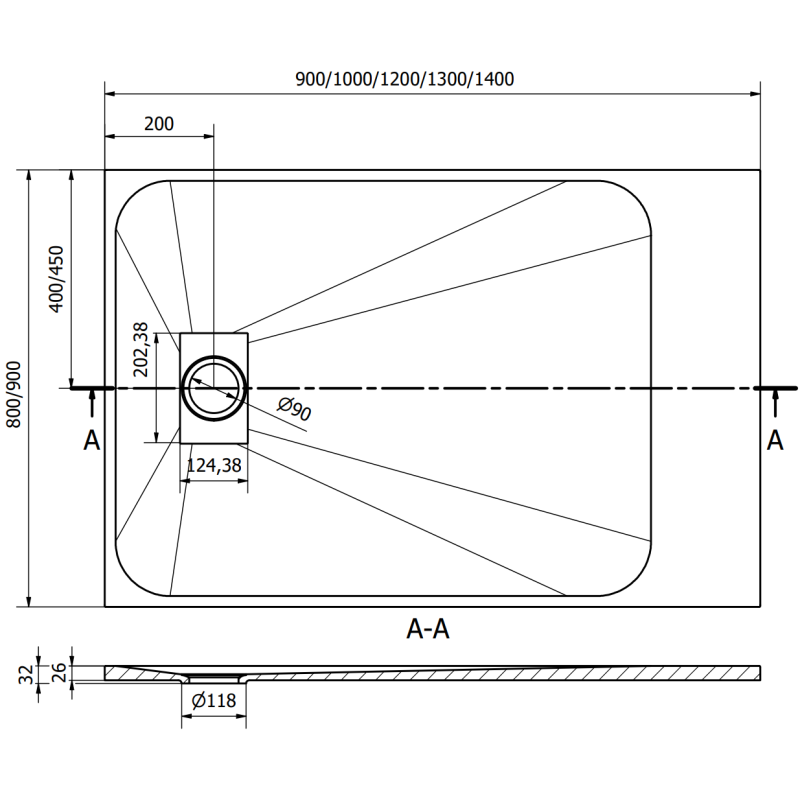 Mexen Hugo stačiakampė SMC 100 x 80 cm, juodas akmuo - 42758010