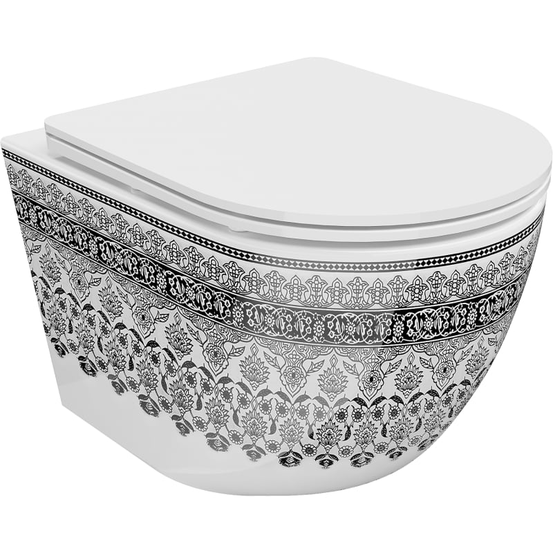 Mexen Lena WC dubuo Rimless su lėtai nusileidžiančia slim dangčiu, duroplastikas, balta/juoda raštas - 30224095