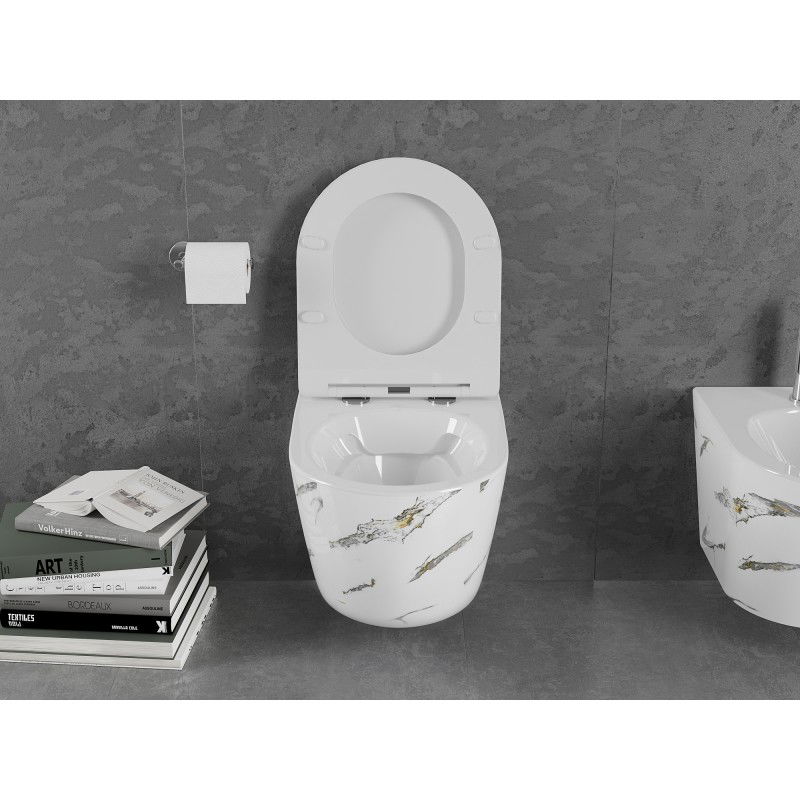Mexen Lena Rimless WC puodelis su lėtai nusileidžiančiu Slim dangčiu, Duroplast, baltas akmuo - 30224091