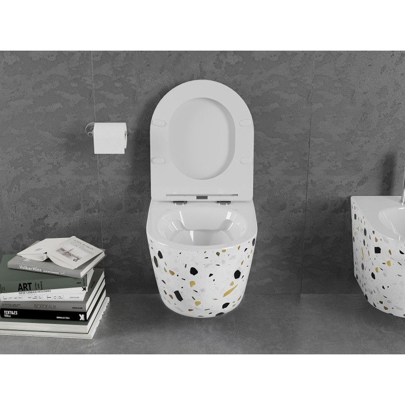 Mexen Lena WC dubuo be kraštų su lėtai nusileidžiančiu slim dangčiu, duroplast, baltas terrazzo akmuo - 30224096