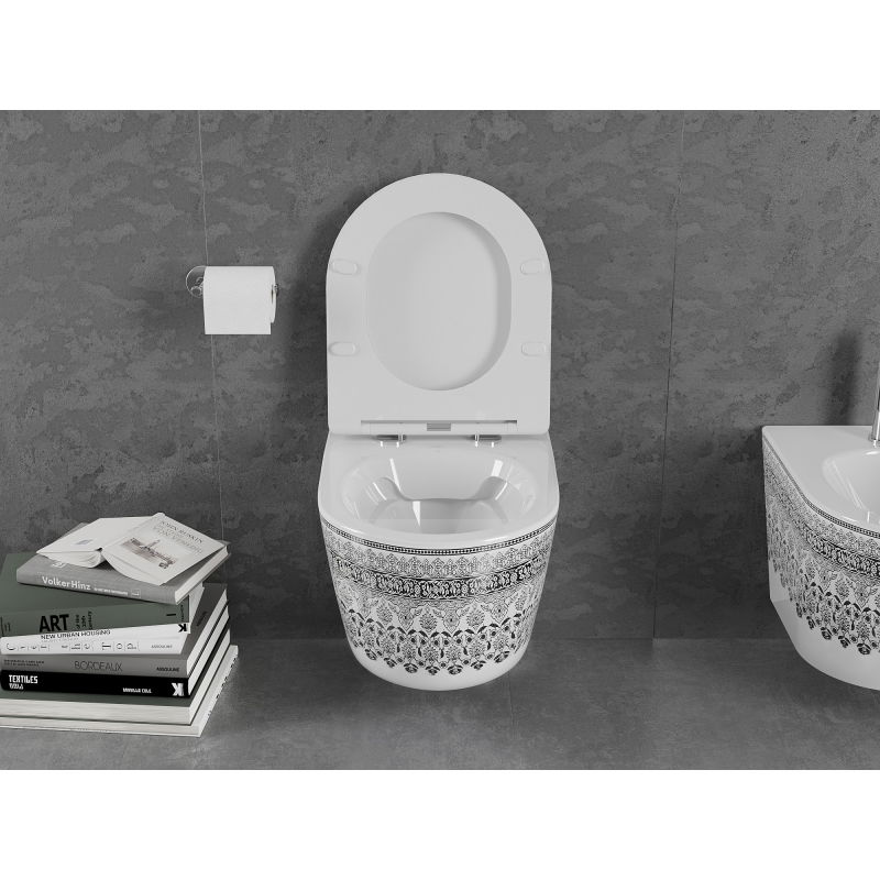 Mexen Lena WC dubuo Rimless su lėtai nusileidžiančia slim dangčiu, duroplastikas, balta/juoda raštas - 30224095