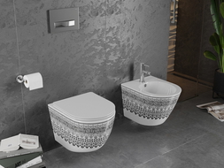 Mexen Lena WC dubuo Rimless su lėtai nusileidžiančia slim dangčiu, duroplastikas, balta/juoda raštas - 30224095