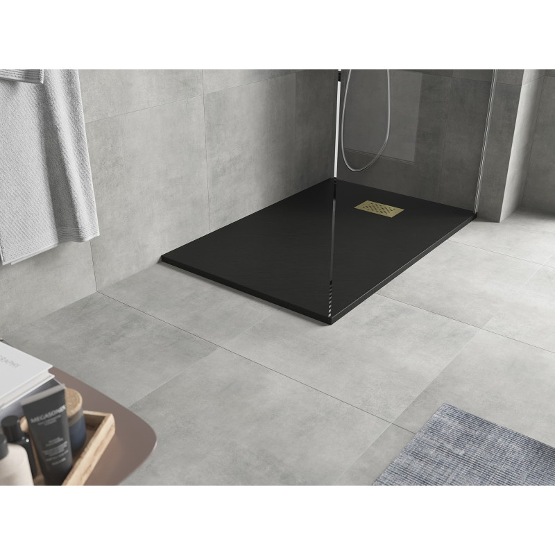 Mexen Hugo stačiakampis dušo padėklas SMC 80 x 70 cm, juodas, auksinė uždanga - 42707080-G